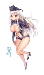 Rule 34 | 1girl, albino, animal, animal on head, arm at side, arm belt, bad id, bad pixiv id, belt, blush, breasts, buckle, cat, cleavage, cleavage cutout, clothing cutout, copyright request, curvy, eyebrows, female focus, full body, hand up, high heels, huge breasts, leotard, long hair, long sleeves, looking at viewer, navel, navel cutout, no socks, on head, pointy ears, side cutout, simple background, solo, straight hair, text focus, very long hair, white background, white hair, wide hips, yuja