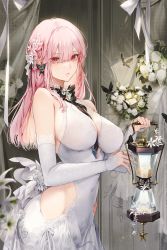 Rule 34 | 1girl, absurdres, bare shoulders, bouquet, breasts, closed mouth, covered navel, detached sleeves, dress, flower, from side, hair ornament, highres, hip vent, holding, jewelry, kim eb, large breasts, long hair, long sleeves, looking at viewer, looking to the side, mole, mole on breast, nail polish, original, pink hair, red eyes, ring, white dress, white nails, white sleeves
