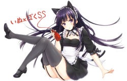 Rule 34 | 10s, 1girl, alternate costume, animal ears, apron, black hair, black thighhighs, blush, bow, cat ears, cat tail, courreges ace, enmaided, fake animal ears, full body, garter straps, inu x boku ss, ketchup, long hair, maid, maid apron, maid headdress, mary janes, purple eyes, shirakiin ririchiyo, shoes, simple background, solo, tail, thighhighs