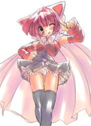 Rule 34 | :p, ;p, animal ears, animal hood, black thighhighs, blush, cape, cat ears, cat hood, dress, from below, hood, lingerie, one eye closed, panties, petticoat, pink theme, solo, standing, thigh gap, thighhighs, thighs, tongue, tongue out, underwear, white panties, wind, wind lift, wink