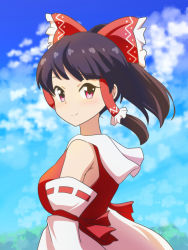 Rule 34 | 1girl, armpit crease, black hair, blue sky, breasts, cato (monocatienus), cloud, commentary request, detached sleeves, from side, hair blowing, hair tubes, hakurei reimu, looking at viewer, medium breasts, ponytail, red eyes, red vest, ribbon-trimmed sleeves, ribbon trim, short hair, sidelocks, sky, smile, solo, standing, touhou, upper body, vest, wind