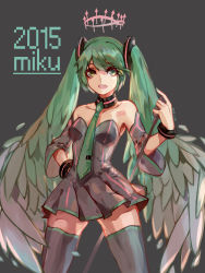 Rule 34 | 10s, 1girl, 2015, absurdres, bracelet, character name, collar, dated, detached sleeves, green eyes, green hair, hand on own hip, hatsune miku, highres, jewelry, long hair, matching hair/eyes, necktie, open mouth, solo, songhua, tattoo, thighhighs, twintails, vocaloid