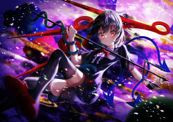 Rule 34 | 1girl, absurdres, asymmetrical wings, black dress, black hair, black thighhighs, blue wings, bow, bowtie, center frills, dress, frills, grin, highres, holding, holding polearm, holding weapon, houjuu nue, light particles, looking at viewer, nettian51, nue day, polearm, red bow, red bowtie, red eyes, red wings, short hair, short sleeves, smile, snake armband, solo, thighhighs, touhou, trident, weapon, wings, wristband