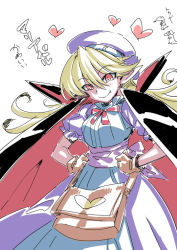 Rule 34 | 1girl, apron, bag, blonde hair, blue hat, brown bag, cape, curly hair, dress, gloves, goggles, goggles on head, hat, long hair, looking at viewer, marivel armitage, open mouth, pointy ears, red eyes, simple background, slit pupils, solo, tukiwani, vampire, white background, wild arms, wild arms 2
