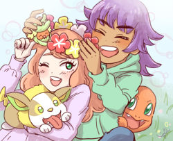 Rule 34 | 1boy, 1girl, aged down, charmander, closed eyes, comfey, creatures (company), dark skin, game freak, gen 1 pokemon, gen 7 pokemon, gen 8 pokemon, green eyes, green shirt, hand up, holding, holding pokemon, leon (pokemon), long hair, long sleeves, looking at another, nintendo, one eye closed, orange hair, pink shirt, pokemon, pokemon (creature), pokemon swsh, purple hair, shirt, simple background, sonia (pokemon), sweater, tongue, upper body, yamper