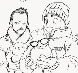 Rule 34 | 2boys, animal, bara, beanie, bear, billy russell (dickfish), couple, dickfish (fishismdick), unworn eyewear, facial hair, frown, glasses, gloves, hat, holding, holding animal, john rottweil (dickfish), male focus, mature male, multiple boys, mustache, original, personification, scan, scarf, short hair, sideburns, sketch, snowman, thick eyebrows, traditional media, upper body, winter clothes, yaoi