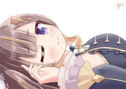 Rule 34 | 1girl, anya melfissa, ayumi aika, blush, breasts, brown hair, detached sleeves, hair between eyes, hair ornament, highres, hololive, hololive indonesia, holoro, looking at viewer, looking to the side, lying, one eye closed, portrait, simple background, smile, solo, virtual youtuber, white background