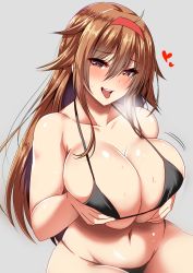 Rule 34 | 1girl, absurdres, ar (lover boy), bikini, blush, breast hold, breasts, brown eyes, brown hair, cleavage, collarbone, commentary request, hair between eyes, hair flaps, hairband, heart, heart-shaped pupils, highres, holding, kantai collection, large breasts, long hair, looking at viewer, micro bikini, navel, open mouth, red hairband, shiratsuyu (kancolle), simple background, smile, solo, steam, swimsuit, symbol-shaped pupils, tongue, tongue out
