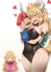Rule 34 | 1boy, 2girls, bare shoulders, between breasts, blonde hair, blue eyes, blush, bowsette, bracelet, breasts, brooch, brown hair, cabbie hat, cheek-to-cheek, cleavage, collar, commentary request, covered navel, cowboy shot, crown, depressed, dress, facial hair, fangs, hand on another&#039;s face, happy, hat, heads together, heart, highleg, highleg leotard, highres, horns, hug, jealous, jewelry, large breasts, leotard, long hair, mario, mario (series), mini person, miniboy, multiple girls, mustache, new super mario bros. u deluxe, nintendo, nose, nose blush, open mouth, pink dress, pointy ears, ponytail, princess peach, puffy short sleeves, puffy sleeves, rainmaker, red hat, sad, shell, shiny skin, short sleeves, simple background, size difference, smile, solid oval eyes, spiked bracelet, spiked collar, spiked shell, spiked tail, spikes, super crown, tail, thighs, tongue, unworn crown, upper body, wavy mouth, white background