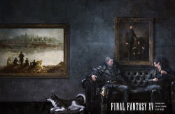 Rule 34 | 10s, 2boys, chocobo, couch, cover, father and son, final fantasy, final fantasy xv, magazine cover, multiple boys, noctis lucis caelum, official art, painting (action), regis lucis caelum, square enix