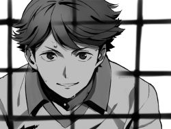 Rule 34 | 1boy, asada hachi, collared shirt, commentary request, grey background, greyscale, haikyuu!!, looking at viewer, male focus, monochrome, oikawa tooru (haikyuu!!), parted lips, shirt, short hair, smile, solo, sportswear, sweat, twitter username, upper body, volleyball net, volleyball uniform, watermark