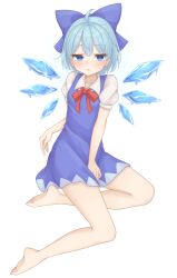 Rule 34 | 1girl, absurdres, ahoge, bare legs, barefoot, between legs, blue bow, blue dress, blue eyes, blue hair, blush, bow, bowtie, cirno, collarbone, commentary request, dress, flat chest, full body, gaden19, half-closed eyes, hand between legs, highres, ice, ice wings, looking at viewer, parted lips, petite, puffy short sleeves, puffy sleeves, red bow, red bowtie, short hair, short sleeves, simple background, sitting, solo, toes, touhou, triangle mouth, white background, wing collar, wings, yokozuwari