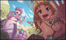 Rule 34 | 4girls, blue sky, breasts, cloud, cloudy sky, fairy, felarya, giant, giantess, harpy, highres, karbo, lamia, medium breasts, medium hair, monster girl, multiple girls, navel, nipples, nude, open mouth, perky breasts, pointy ears, pussy, saliva, short hair, sky, smile, tongue, tongue out, uncensored, uvula, vore