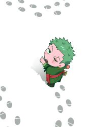 Rule 34 | 1boy, blush stickers, chibi, footprints, from above, greeeeenpotato, green hair, highres, jewelry, jitome, light blush, looking at viewer, looking up, male focus, one piece, pointing, pointing forward, roronoa zoro, scar, scar across eye, short hair, sideburns, snow, solo