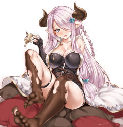 Rule 34 | 10s, 1girl, bad id, bad pixiv id, barefoot, belt, blush, braid, breasts, cape, chocolate, chocolate on foot, cle masahiro, cleavage, collarbone, draph, feet, granblue fantasy, hair ornament, hair over one eye, hairpin, heart, heart-shaped pupils, highres, horns, large breasts, light purple hair, looking at viewer, narmaya (granblue fantasy), open mouth, pointy ears, grey eyes, simple background, single braid, sitting, soles, solo, symbol-shaped pupils, teeth, thigh strap, toes, white background