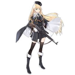Rule 34 | 1girl, aiguillette, assault rifle, belt, beret, black cloak, black coat, black footwear, black hat, black jacket, black necktie, black skirt, black thighhighs, blonde hair, boots, brass trim, buckle, buttons, cloak, coat, collared shirt, double-breasted, floating hair, full body, girls&#039; frontline, gloves, green eyes, gun, hand on own hip, hao (patinnko), hat, high heel boots, high heels, holding, holding gun, holding weapon, jacket, knee boots, long hair, looking at viewer, medal, military, military hat, military uniform, mod3 (girls&#039; frontline), necktie, official alternate costume, official art, open clothes, open coat, rifle, shirt, sidelocks, skirt, solo, stg44, stg44 (girls&#039; frontline), stg44 (mod3) (girls&#039; frontline), thighhighs, transparent background, uniform, weapon, white gloves, white shirt, wind, zettai ryouiki