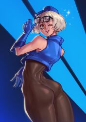 Rule 34 | absurdres, adjusting eyewear, ass, black bodysuit, blue gloves, blue headwear, bodysuit, crop top, cropped jacket, elizabeth (persona), gloves, hatidraw, highres, one eye closed, persona, persona 3, skin tight, tongue, tongue out, white hair, yellow eyes