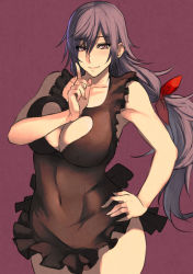 Rule 34 | 1girl, apron, bow, breasts, brown eyes, cleavage, cleavage cutout, clothing cutout, covered navel, hair bow, hand on own hip, heart cutout, large breasts, long hair, looking to the side, naked apron, pepe (jonasan), purple hair, ruuko-san, smile, solo, thick thighs, thighs, wide hips
