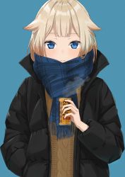Rule 34 | 1girl, absurdres, blue background, blue eyes, blue scarf, brown sweater, can, canned coffee, cevio, commentary, down jacket, drink can, hair flaps, hand in pocket, highres, holding, holding can, huge filesize, jacket, light blush, light smile, minatsuki (m1natsuk1), one (cevio), plaid, plaid scarf, platinum blonde hair, scarf, smile, solo, steam, sweater, upper body