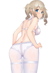 Rule 34 | 1girl, absurdres, ass, back, barbara (genshin impact), blue eyes, blush, bra, breasts, commentary request, echo (ehchoy), genshin impact, highres, looking at viewer, panties, pantyhose, simple background, solo, thighband pantyhose, twintails, underwear, white background, white bra, white panties, white pantyhose
