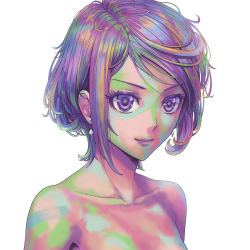 Rule 34 | 1girl, collarbone, colorful, dokidoki! precure, earrings, elenab, jewelry, kenzaki makoto, looking at viewer, multicolored hair, nude, precure, profile, psychedelic, purple eyes, purple hair, short hair, simple background, smile, solo, upper body, white background
