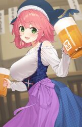 Rule 34 | 1girl, alcohol, apron, bar (place), bare shoulders, barmaid, beer, beer mug, blue headwear, blue skirt, blue vest, collarbone, commentary request, cross-laced clothes, cup, foam, frilled shirt collar, frills, german clothes, green eyes, happy, highres, holding, holding cup, indoors, kanpa (campagne 9), long sleeves, mug, off-shoulder shirt, off shoulder, okunoda miyoi, open mouth, pink hair, purple apron, shirt, skirt, solo, touhou, underbust, upper body, vest, waist apron, whale hat, white shirt