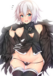 Rule 34 | 1girl, :d, black panties, black shirt, black thighhighs, blush, breasts, cleavage cutout, clothing cutout, commentary request, cowboy shot, detached sleeves, facial scar, fate/apocrypha, fate/grand order, fate (series), gluteal fold, green eyes, halterneck, highres, jack the ripper (fate/apocrypha), looking at viewer, lowleg, lowleg panties, medium breasts, navel, no pants, notice lines, open mouth, panties, pikacchi, scar, scar across eye, scar on cheek, scar on face, shirt, short hair, silver hair, simple background, skindentation, smile, solo, standing, string panties, thighhighs, underwear, white background