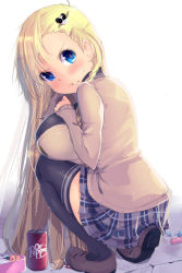 Rule 34 | 1girl, :t, black shirt, black thighhighs, blonde hair, blue eyes, blush, braid, breast suppress, breasts, brown footwear, can, cardigan, dr pepper, drink can, full body, full mouth, hair ornament, huge breasts, loafers, long hair, looking at viewer, looking back, magister, miniskirt, muchigaku, panda hair ornament, pandora smith (magister), pleated skirt, shirt, shoes, side braid, simple background, skirt, soda can, solo, squatting, sweatdrop, thighhighs, very long hair, white background, zettai ryouiki