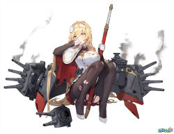 Rule 34 | 1girl, black pantyhose, blonde hair, blue eyes, breasts, cleavage, duke of york (zhan jian shao nyu), gloves, hairband, holding, holding sword, holding weapon, kishiyo, large breasts, long hair, pantyhose, sheath, sheathed, simple background, smoke, solo, sword, torn clothes, torn pantyhose, turret, very long hair, warship girls r, weapon, white background, white gloves
