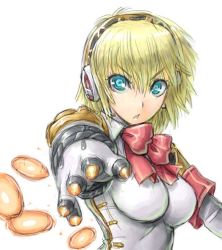 Rule 34 | 1girl, aegis (persona), amania orz, android, atlus, blonde hair, blue eyes, bow, breasts, firing, hairband, joints, looking at viewer, medium breasts, open mouth, persona, persona 3, robot joints, sega, short hair, simple background, solo, white background