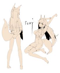 Rule 34 | 0w07, 1girl, absurdres, animal ear fluff, animal ears, arknights, ass, bare legs, barefoot, breasts, clothes lift, clothing cutout, collared shirt, english text, extra ears, fox ears, fox girl, fox tail, franka (arknights), full body, heart, highres, large breasts, lifting own clothes, long hair, monochrome, multiple views, shirt, short sleeves, sidelocks, simple background, sitting, skirt, skirt lift, standing, straight hair, stretching, tail, tail through clothes, very long hair, white background, yellow theme