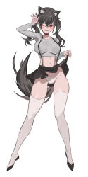 Rule 34 | 1girl, absurdres, animal ears, black hair, character request, clothes lift, full body, highres, one eye closed, panties, red eyes, skirt, skirt lift, solo, tail, thighhighs, underwear, white background, white panties, white thighhighs, wolf ears, wolf tail, zutsuyaku