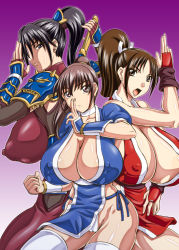 Rule 34 | 3girls, armor, black hair, bodysuit, breasts, brown hair, cameltoe, cleavage, covered erect nipples, cowboy shot, crossover, curvy, dead or alive, fatal fury, fighting stance, gradient background, groin, high ponytail, hip focus, huge breasts, kasumi (doa), lingerie, long hair, looking at viewer, multiple girls, natsuru (anglachel), ninja, nipples, no bra, pelvic curtain, revealing clothes, shiny skin, shiranui mai, sideboob, simple background, soul calibur, soulcalibur, soulcalibur iv, taki (soulcalibur), tecmo, the king of fighters, underwear, white legwear