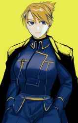 Rule 34 | 1girl, black cape, blue eyes, blue jacket, blue pants, cape, closed mouth, commentary, earrings, folded ponytail, fullmetal alchemist, hands in pockets, highres, jacket, jewelry, long sleeves, looking to the side, military, military uniform, ozaki (tsukiko3), pants, riza hawkeye, smile, solo, uniform, yellow background