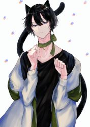 Rule 34 | 1boy, absurdres, animal ears, bell, black hair, black shirt, blue eyes, cat boy, cat ears, cat tail, choker, closed mouth, collarbone, commission, green choker, hair between eyes, half-closed eyes, hands up, highres, jacket, jingle bell, juu ame, male focus, off shoulder, open clothes, open jacket, original, paw pose, shirt, skeb commission, solo, tail, white background, white jacket