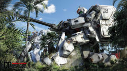 Rule 34 | 3d, absurdres, ammunition box, backpack, bag, blue sky, cannon, cloud, commentary, damaged, dirty, english commentary, english text, grass, ground gundam, gundam, gundam 08th ms team, highres, kneeling, machinery, mecha, michaellee4, mobile suit, palm tree, rainforest, realistic, robot, sky, title, tree, war