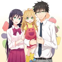 Rule 34 | 10s, 1boy, 2girls, age difference, amaama to inazuma, black hair, bow, child, closed mouth, cowboy shot, father and daughter, glasses, gradient background, held up, holding, iida kotori, inuzuka kouhei, inuzuka tsumugi, kenkaizar, long hair, long sleeves, looking at viewer, multiple girls, necktie, open mouth, orange hair, skirt, standing, upper body