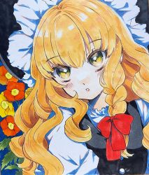 Rule 34 | 1girl, absurdres, black hat, black vest, blonde hair, blue background, bow, braid, commentary request, flower, hair bow, hat, highres, kirisame marisa, long hair, red bow, shirt, single braid, solo, touhou, traditional media, uchisaki himari, upper body, vest, white shirt, yellow eyes