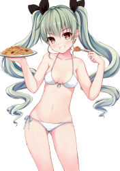Rule 34 | 10s, 1girl, anchovy (girls und panzer), bikini, blush, breasts, brown eyes, cleavage, commentary request, cowboy shot, drill hair, food, fork, front-tie top, girls und panzer, green hair, hair ribbon, highres, long hair, looking at viewer, meatball, navel, pasta, qunqing, ribbon, side-tie bikini bottom, small breasts, smile, solo, spaghetti, spaghetti and meatballs, swimsuit, twin drills, twintails, white bikini