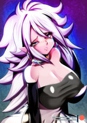 Rule 34 | 1girl, android 21, blue eyes, blush, breasts, cleavage, colored skin, covered erect nipples, cowboy shot, dragon ball, dragon ball fighterz, earrings, elbow gloves, full-face blush, gloves, heart, heart-shaped pupils, jewelry, large breasts, light persona, long hair, looking at viewer, majin android 21, mitgard-knight, navel, patreon, pink skin, pointy ears, shirt, sidelocks, solo, symbol-shaped pupils