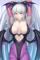 Rule 34 | 1girl, animal print, armpits, arms behind head, bat print, blue eyes, blush, breasts, cosplay, covered erect nipples, covered navel, elbow gloves, fate/grand order, fate (series), fur trim, gloves, hai (h81908190), head wings, highleg, highleg leotard, highres, leotard, long hair, looking at viewer, morgan le fay (fate), morrigan aensland, morrigan aensland (cosplay), name connection, pantyhose, parted lips, print pantyhose, purple pantyhose, red gloves, very long hair, white hair, wings