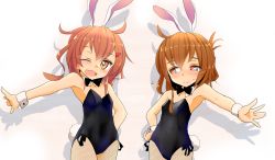 Rule 34 | 10s, 2girls, animal ears, blush, bow, bowtie, brown eyes, brown hair, fake animal ears, fang, folded ponytail, hair ornament, hairclip, hand on own hip, ikazuchi (kancolle), inazuma (kancolle), ishikkoro, kantai collection, multiple girls, one eye closed, open mouth, outstretched arm, personification, playboy bunny, rabbit ears, rabbit tail, short hair, smile, sweatdrop, tail, wink, wrist cuffs
