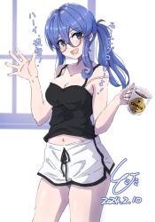 Rule 34 | alternate costume, artist logo, bespectacled, black camisole, blue eyes, blue hair, breasts, camisole, cleavage, collarbone, commentary request, dated, dolphin shorts, glasses, gotland (kancolle), highres, kantai collection, ld (luna dial398), long hair, medium breasts, open mouth, ponytail, round eyewear, shorts, translation request, waving, white shorts, window