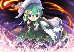 Rule 34 | 1girl, action, armor, asymmetrical clothes, asymmetrical legwear, beret, breastplate, cactus (flower knight girl), cherry blossoms, collar, fire, flower knight girl, green hair, hat, looking at viewer, magic, murano (ursa polaris), open mouth, pauldrons, petals, petticoat, pleated skirt, punching, purple eyes, saboten (flower knight girl), short hair, shoulder armor, skirt, uneven legwear, ursa polaris