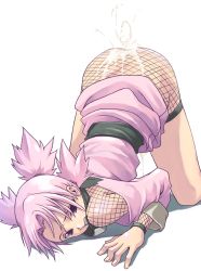 Rule 34 | 1girl, ass, cum, cum on ass, cum on body, cum on lower body, cumdrip, female focus, fishnets, forehead protector, naruto, naruto (series), no panties, pink eyes, pink hair, quad tails, simple background, solo, tasaka shinnosuke, temari (naruto), top-down bottom-up, white background