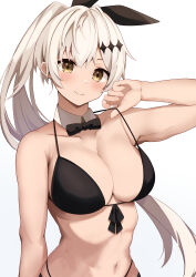 Rule 34 | 1girl, absurdres, aratake, bare arms, bare shoulders, bikini, black bikini, black bow, black bowtie, black ribbon, bow, bowtie, breasts, brown eyes, commentary request, detached collar, five-seven (girls&#039; frontline), girls&#039; frontline, hair ribbon, hand up, highres, large breasts, long hair, looking at viewer, navel, ribbon, smile, solo, stomach, swimsuit, upper body, very long hair, white hair