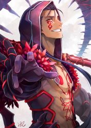 Rule 34 | 1boy, abs, bad id, bad pixiv id, bare pectorals, blue hair, chest tattoo, commentary request, cu chulainn (fate), cu chulainn (fate) (all), cu chulainn (fate/stay night), cu chulainn alter (fate), cu chulainn alter (fate/grand order), facial tattoo, fate/grand order, fate (series), from side, gae bolg (fate), gloves, grin, highres, holding, holding weapon, hoshizaki reita, lance, lancer, long hair, looking at viewer, looking to the side, male focus, pectorals, polearm, purple gloves, red eyes, sharp teeth, signature, slit pupils, smile, solo, tail, tattoo, teeth, upper body, weapon