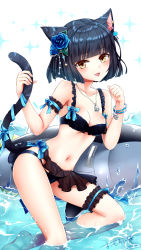 Rule 34 | 1girl, :d, animal ears, arm garter, bad id, bad pixiv id, bare shoulders, barefoot, bikini, black bikini, black hair, blue bow, blue flower, blue ribbon, blue rose, blunt bangs, blush, bow, breasts, bridal garter, brown eyes, cat ears, cat girl, cat tail, cleavage, collarbone, fangs, fingernails, flower, hair flower, hair ornament, hands up, highres, inflatable fish, inflatable toy, jewelry, looking at viewer, medium breasts, navel, omoomomo, open mouth, original, pendant, ribbon, rose, short hair, signature, smile, solo, sparkle, star (symbol), swimsuit, tail, tail grab, tail ornament, tail ribbon, water, white background