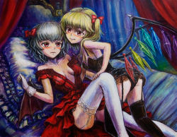 Rule 34 | 2girls, bat wings, bed, black legwear, blonde hair, blush, crystal, dress, fang, female focus, flandre scarlet, frilled pillow, frills, garter straps, gloves, hair ribbon, lace, lace-trimmed legwear, lace trim, lying, multiple girls, no headwear, no headwear, oil painting (medium), open clothes, painting (medium), pillow, red dress, red eyes, remilia scarlet, ribbon, short hair, siblings, side ponytail, silver hair, sisters, smirk, tafuto, thighhighs, touhou, traditional media, undressing, white legwear, wings, yuri