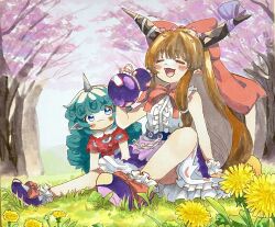 Rule 34 | 2girls, :d, blue eyes, blush, bow, brown hair, center frills, chain, cherry blossoms, closed eyes, closed mouth, commentary request, convenient leg, curly hair, fangs, flower, footwear bow, frilled skirt, frills, full body, grass, green hair, hair bow, highres, holding gourd, horn ornament, horn ribbon, horns, ibuki suika, knee up, komainu ears, komano aunn, long hair, marker (medium), multiple girls, on ground, open mouth, outdoors, pointy ears, purple footwear, purple skirt, red bow, red shirt, ribbon, shirt, shoes, single horn, sitting, skirt, smile, socks, torn clothes, torn sleeves, touhou, traditional media, tree, uchisaki himari, very long hair, white shirt, white socks, yellow flower
